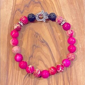 *NEW* Pink Sea Sediment Jasper & Hamsa Charm Bracelet 7”